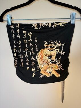 ROMWE Black Tube Top with Gold Script and Orange Tiger
